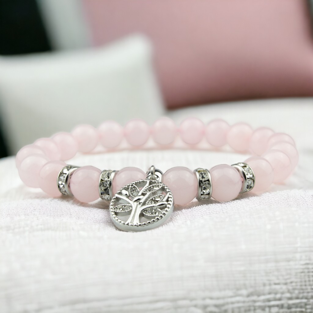 Rózsakvarc ásványkarkötő nemesfém Életfa medállal