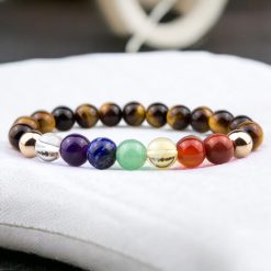 Hét csakra tigrisszem ásványkarkötő rozé hematittal