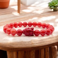 Buddha medálos karkötő - piros jáde